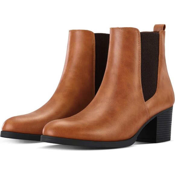 Women's Brown Chelsea Boots Chunky Block Heel Slip On Ankle Boots with Elastic - Picture 6 of 8